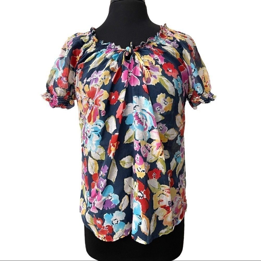 Joie Floral Peasant Style Smocked Neck Silk Blouse Sz S